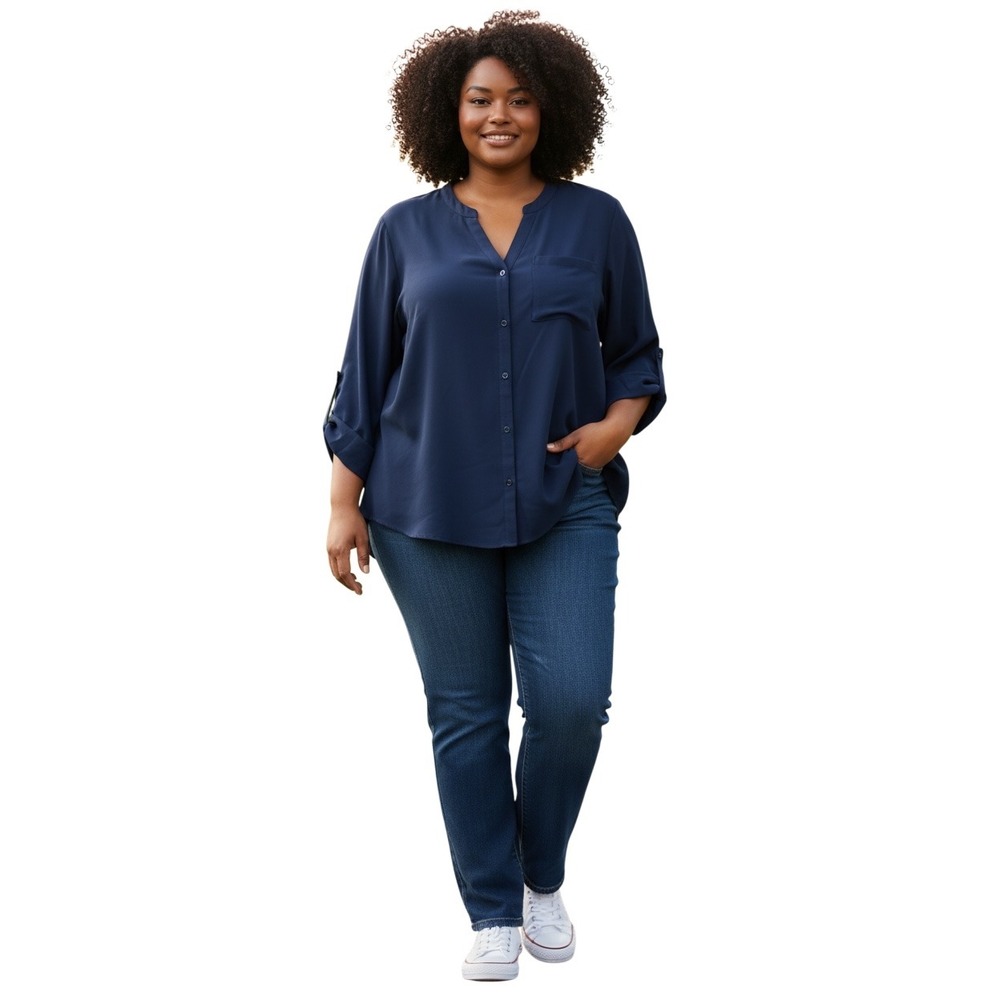 KUT from the Kloth Navy Blue Split Neck Roll Tab Sleeve Blouse 2X